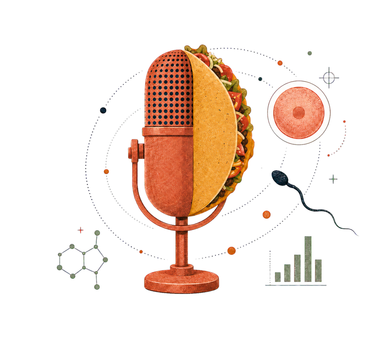 Podcast microphone merged with a taco and surrounded by fertility science illustrations